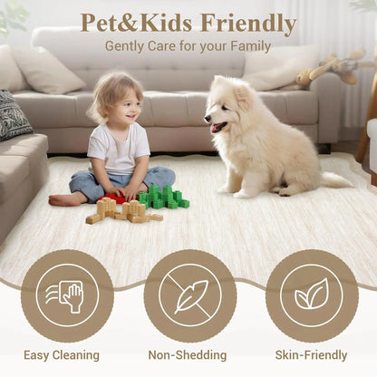 8 x 10 Beige Scalloped Area Rug, Washable Non-Slip Polyester with a Faux Wool Feel, beige area rug styled beneath a sofa
