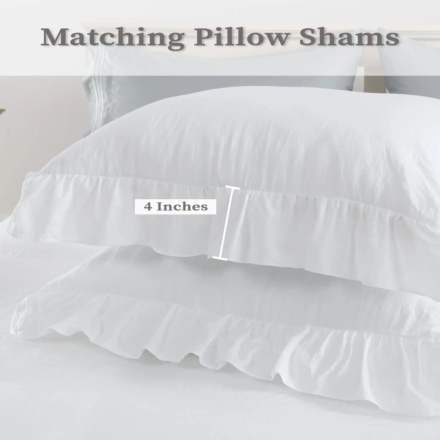 Queen White Microfiber Ruffle Duvet Cover Set, 3-Piece styled in a romantic French country bedroom with a white ruffle duvet cover