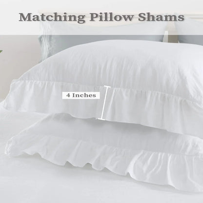 Queen White Microfiber Ruffle Duvet Cover Set, 3-Piece styled in a romantic French country bedroom with a white ruffle duvet cover