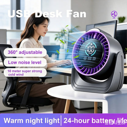 Refluxe Portable USB Desk Fan - 100 Speed Turbo Airflow Quiet Cooling - Purple showing compact tabletop design, portable desk fan