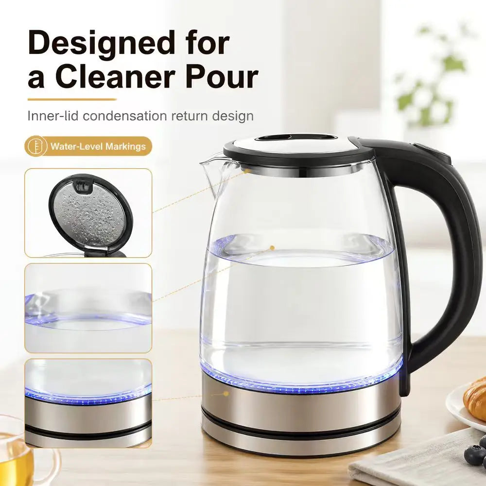 2L Borosilicate Glass Electric Tea Kettle with Infuser, Blue LED & Auto Shutoff — glass electric kettle with black non-slip handle