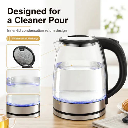 2L Borosilicate Glass Electric Tea Kettle with Infuser, Blue LED & Auto Shutoff — glass electric kettle with black non-slip handle