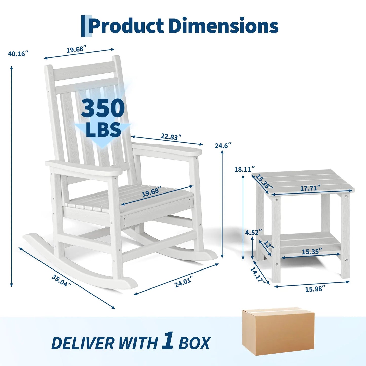 3-Piece HDPE Adirondack Rocking Chair Set with Side Table, white HDPE outdoor rocking chair set with high-back chairs