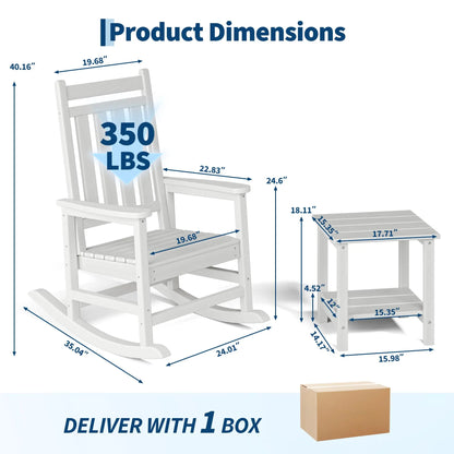 3-Piece HDPE Adirondack Rocking Chair Set with Side Table, white HDPE outdoor rocking chair set with high-back chairs