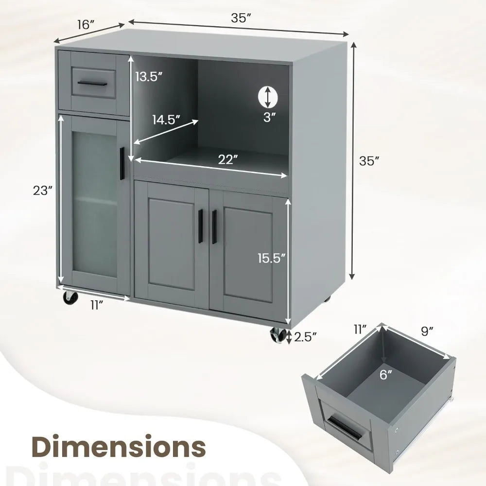 Detailed view of the gray finish on the Modern Gray Rolling Kitchen Island Cart with Storage Drawer, Cabinet & Wheels complementing modern kitchens.