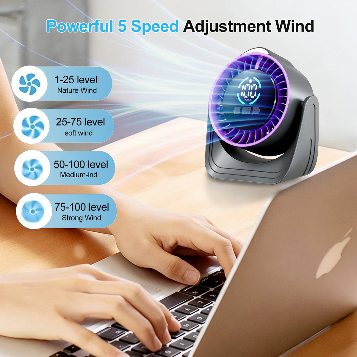 Refluxe Portable USB Desk Fan - 100 Speed Turbo Airflow Quiet Cooling - Purple with adjustable airflow angle, portable desk fan