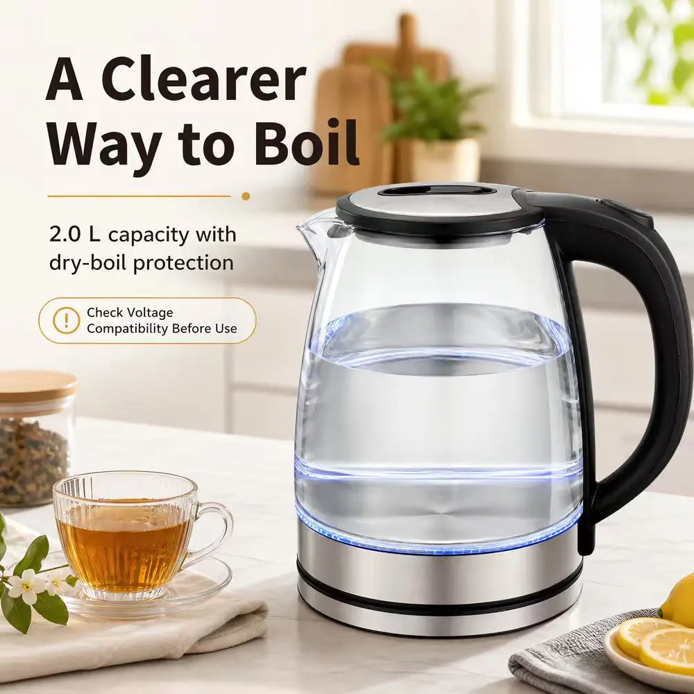 2L Borosilicate Glass Electric Tea Kettle with Infuser, Blue LED & Auto Shutoff — 2-liter glass electric kettle for tea and coffee