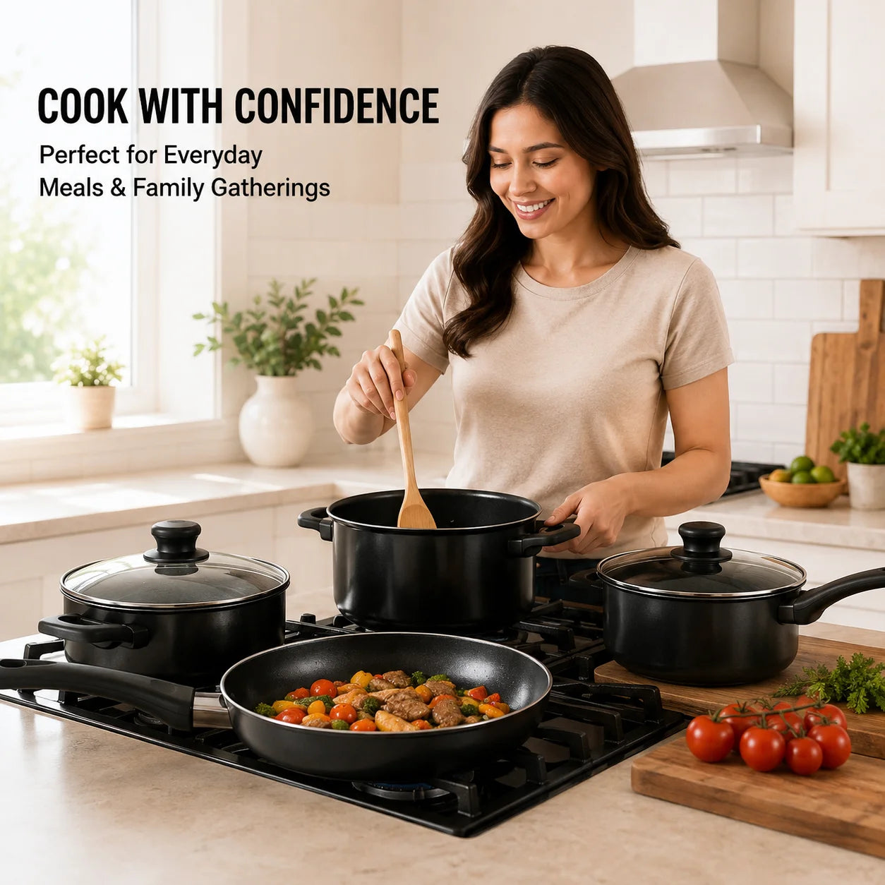 13-Piece Black Non-Stick Cookware Set with Glass Lids & Utensils for Home Kitchen, black cookware set pots with ergonomic handles