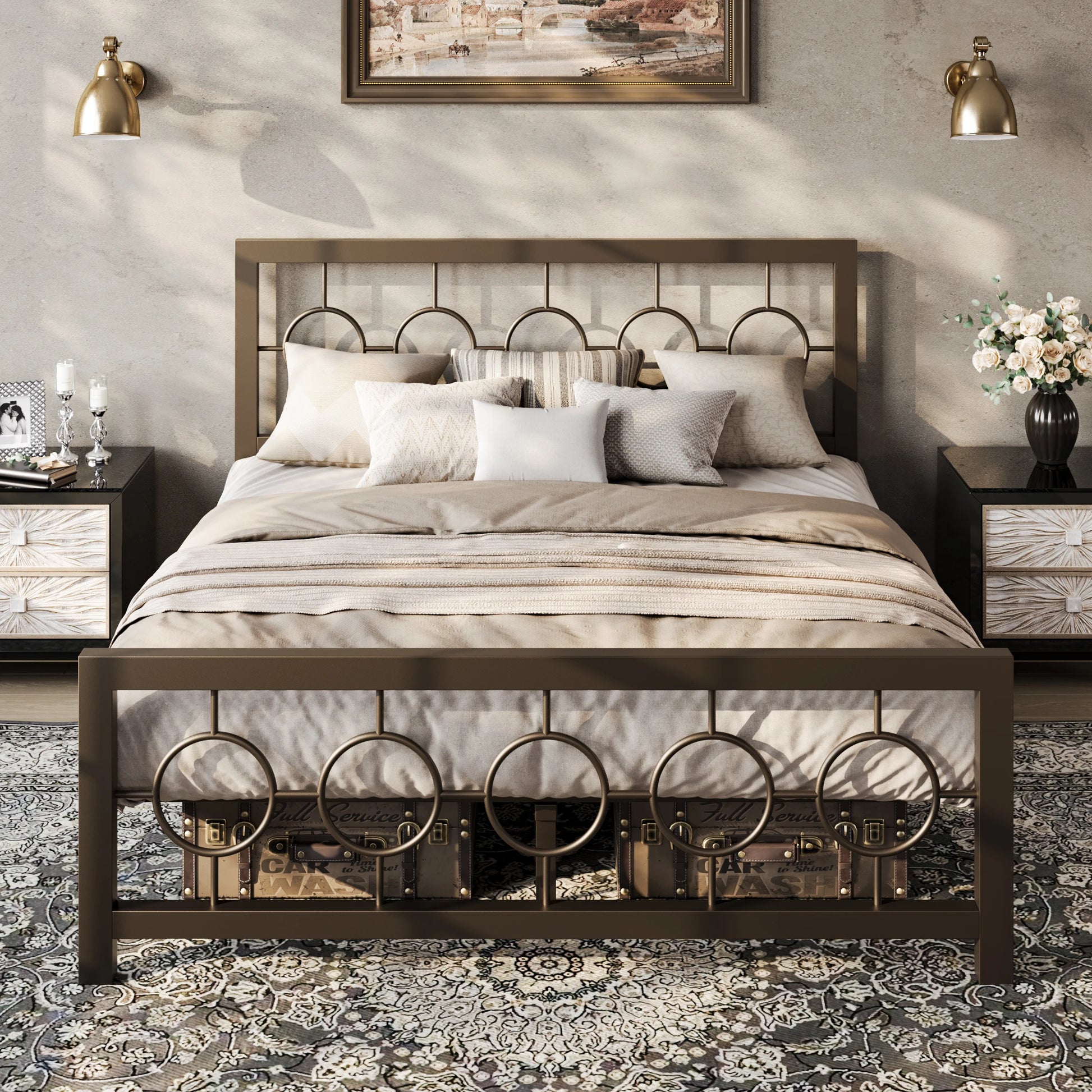 Comfortable bedding styling on the Vintage Modern Bed Frame, showcasing how it complements soft neutral colors and textures.