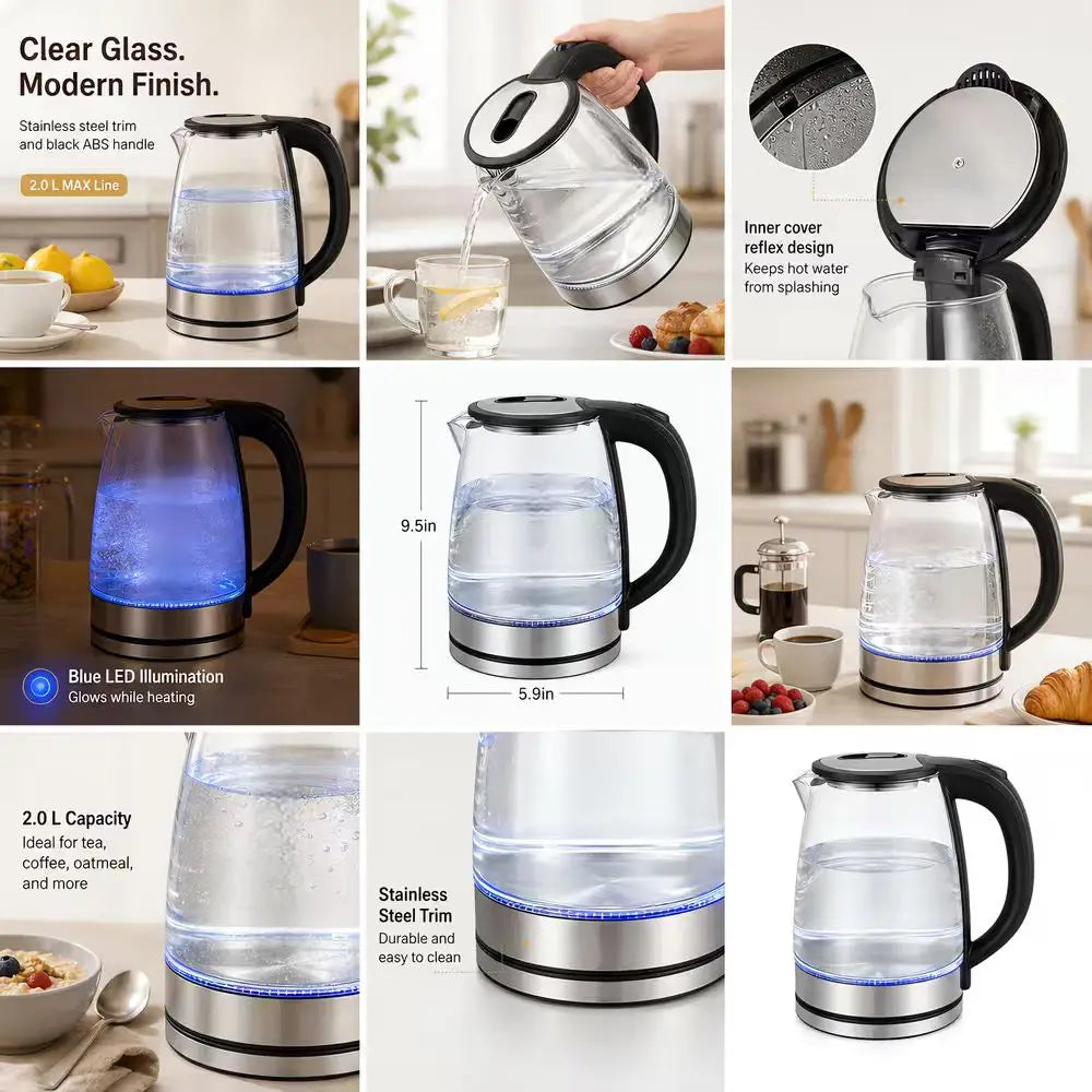 2L Borosilicate Glass Electric Tea Kettle with Infuser, Blue LED & Auto Shutoff — glass electric kettle with drip-free pouring spout