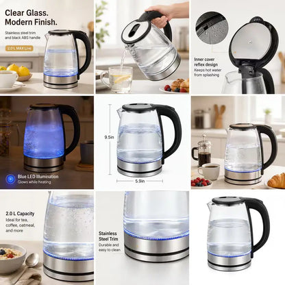 2L Borosilicate Glass Electric Tea Kettle with Infuser, Blue LED & Auto Shutoff — glass electric kettle with drip-free pouring spout