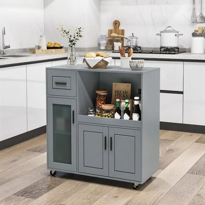 Modern Gray Rolling Kitchen Island Cart with Storage Drawer, Cabinet & Wheels styled with kitchen essentials, illustrating smart storage solutions.