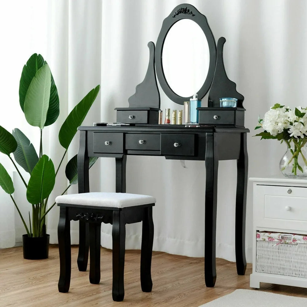 Black Vanity Table Set with Mirror & Stool – Modern Makeup Dressing Table showcasing a 360° rotating mirror for a flawless makeup application.