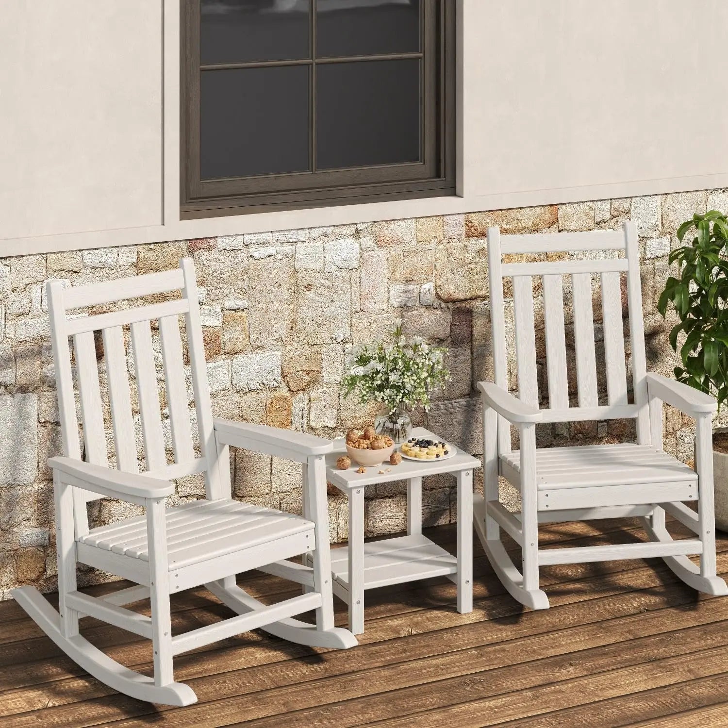 3-Piece HDPE Adirondack Rocking Chair Set with Side Table, durable outdoor rocking chair set with matching table
