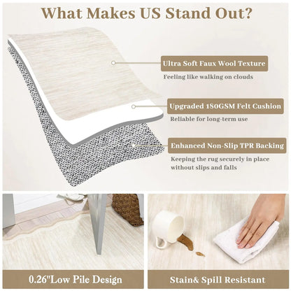 8 x 10 Beige Scalloped Area Rug, Washable Non-Slip Polyester with a Faux Wool Feel, non-slip beige area rug on wood flooring
