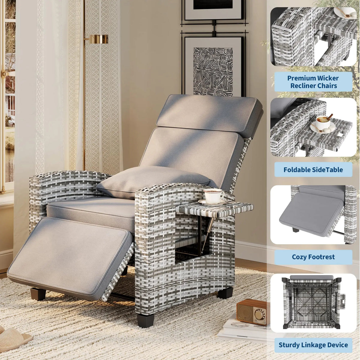 Outdoor Rattan Recliner Chair with Footrest, 145° Adjustable Backrest & Flip-Up Side Table – side view of rattan recliner chair with built-in flip-up table