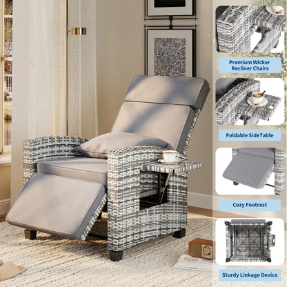 Outdoor Rattan Recliner Chair with Footrest, 145° Adjustable Backrest & Flip-Up Side Table – side view of rattan recliner chair with built-in flip-up table