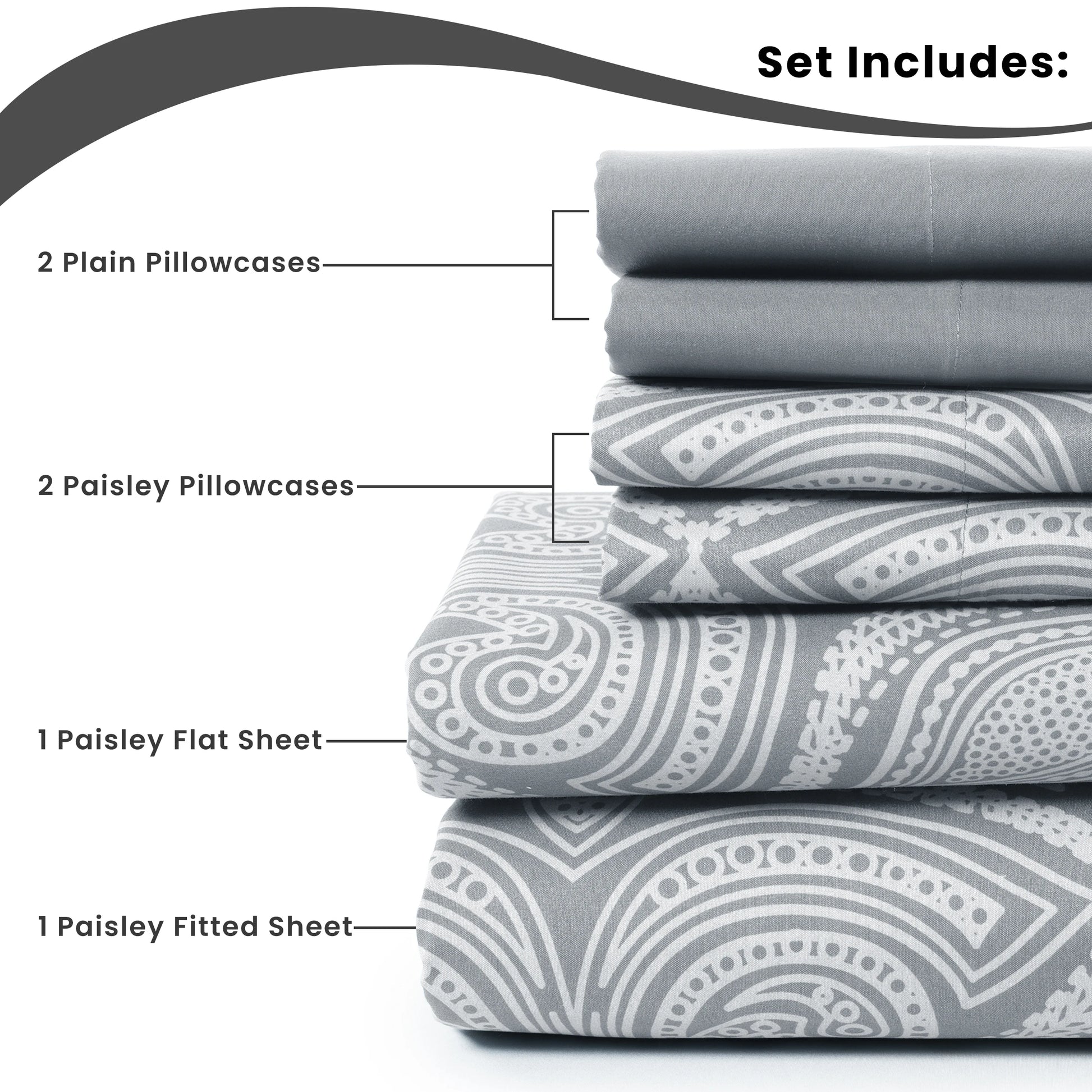 Luxurious 6-Piece Paisley Bed Sheet Set available in White Sage color, highlighting its soft microfiber material.