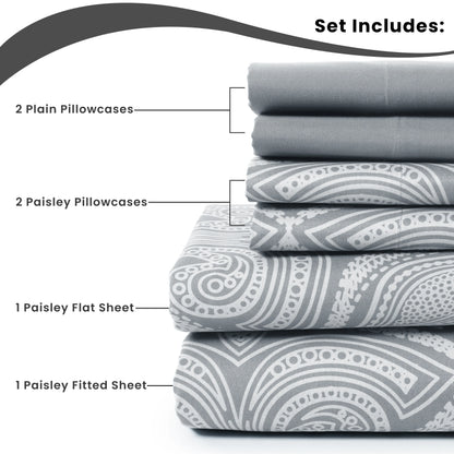 Luxurious 6-Piece Paisley Bed Sheet Set available in White Sage color, highlighting its soft microfiber material.