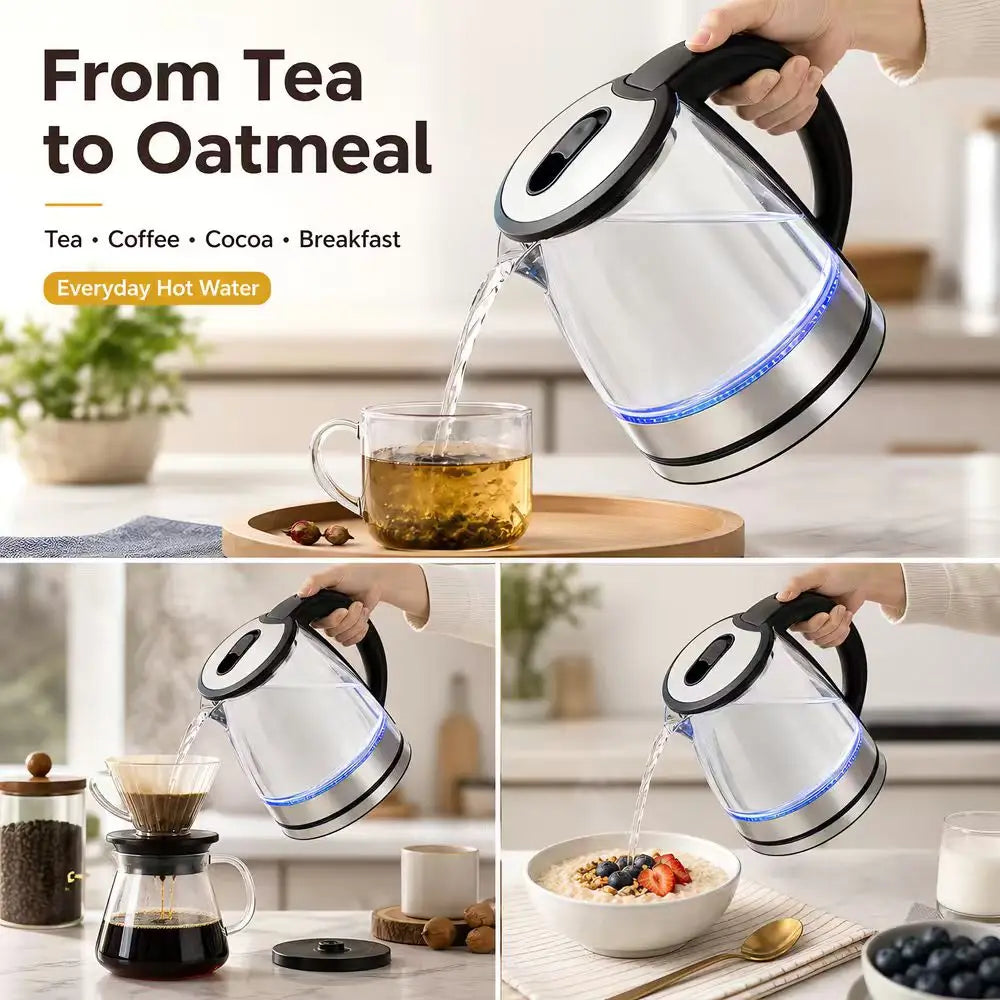 2L Borosilicate Glass Electric Tea Kettle with Infuser, Blue LED & Auto Shutoff — glass electric kettle with removable stainless steel infuser