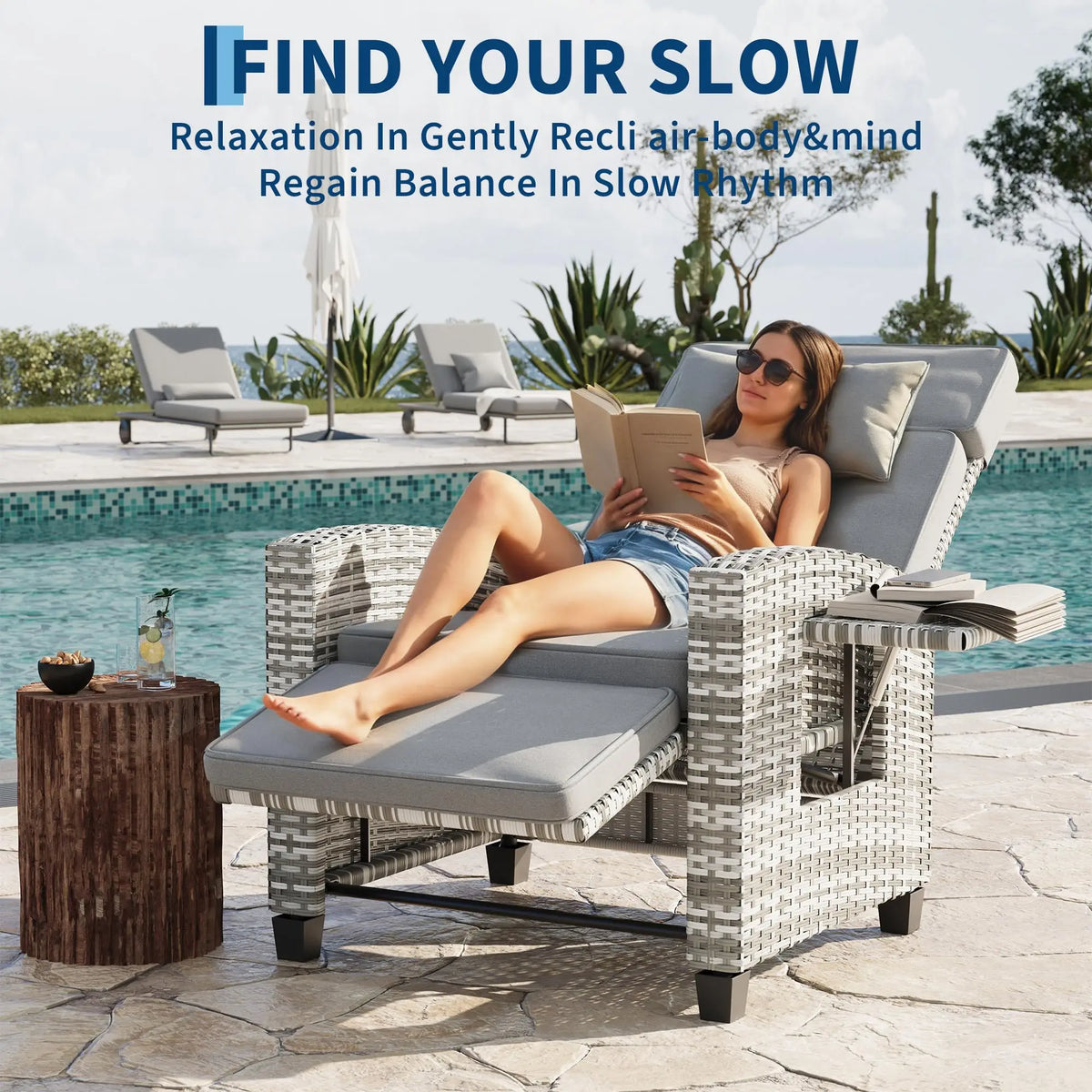Outdoor Rattan Recliner Chair with Footrest, 145° Adjustable Backrest & Flip-Up Side Table – rattan recliner chair with adjustable backrest and extended footrest