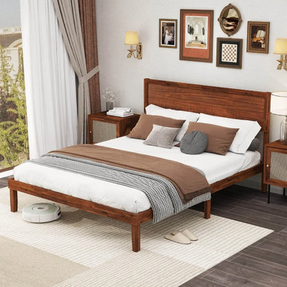 Rustic Walnut Queen Platform Bed Frame with Retro Wood Headboard, Under‑Bed Storage & Solid Wood Slats – No Box Spring Needed for Cozy Modern Bedrooms