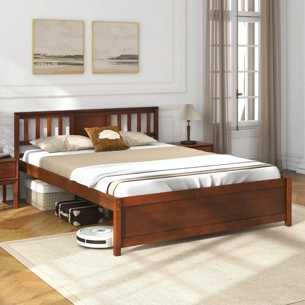 Close-up of the headboard on the Farmhouse Walnut Wooden Platform Bed Frame, highlighting the elegant farmhouse style and solid construction of the walnut bed frame.