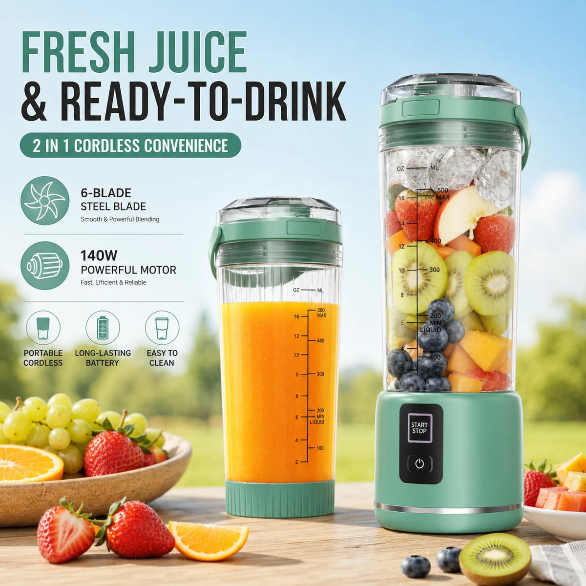 Portable 500ml USB Rechargeable Smoothie Maker with 6 Blades, 2 Modes & BPA-Free Travel Cup, BPA-free portable smoothie blender cup