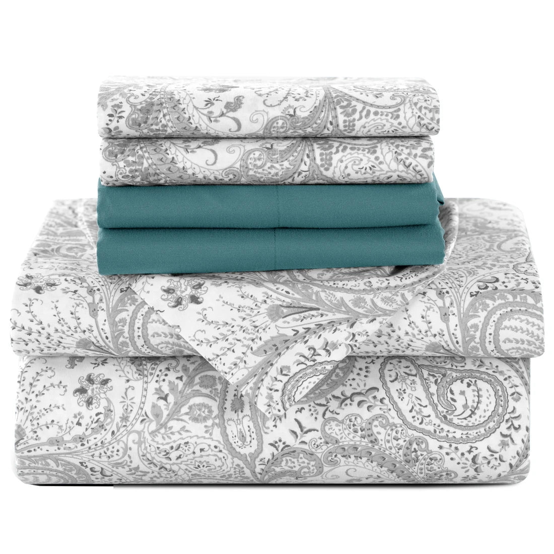 Luxurious 6-Piece Paisley Bed Sheet Set in White Blue color, ideal for a chic bedroom upgrade.