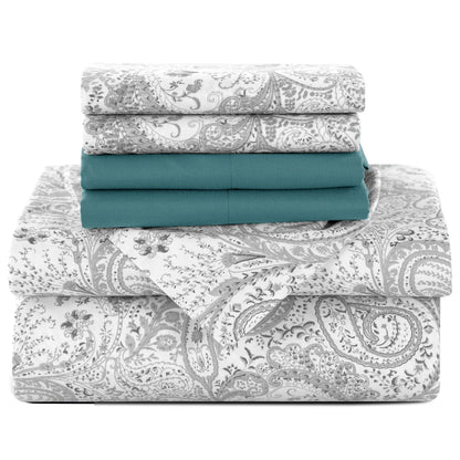 Luxurious 6-Piece Paisley Bed Sheet Set in White Blue color, ideal for a chic bedroom upgrade.