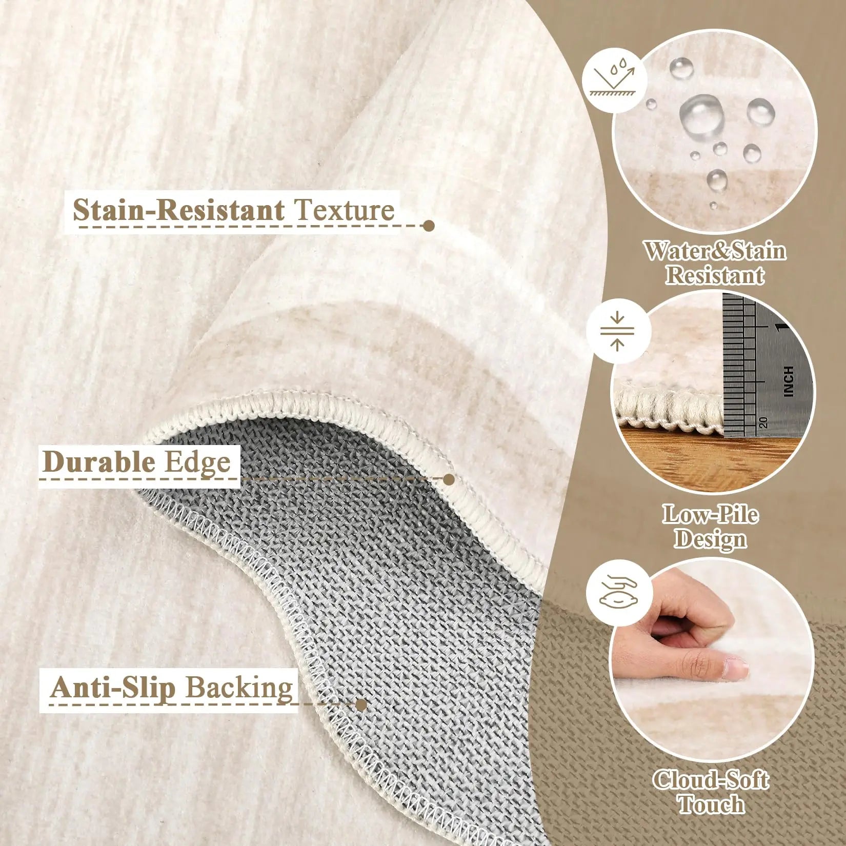 8 x 10 Beige Scalloped Area Rug, Washable Non-Slip Polyester with a Faux Wool Feel, neutral beige area rug for a living room