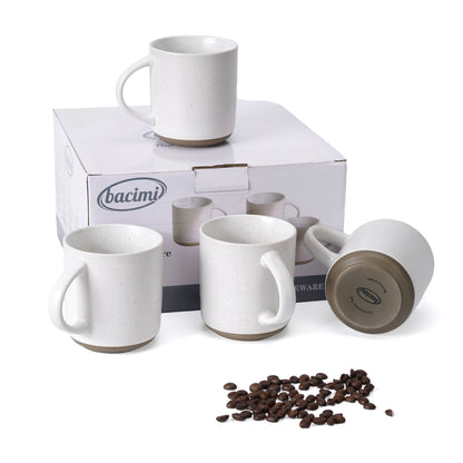 Bacimi 13.5 oz Stoneware Coffee Mug Set of 4, Handcrafted Ceramic Cups for Coffee, Tea & Lattes — four handcrafted stoneware coffee mug set cups with speckled reactive glaze