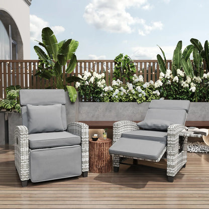 Outdoor Rattan Recliner Chair with Footrest, 145° Adjustable Backrest & Flip-Up Side Table – gray-and-white rattan recliner chair with cushioned seat and headrest