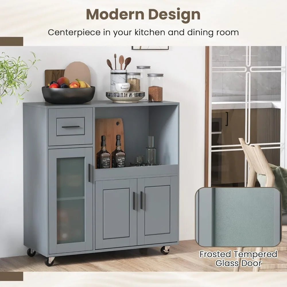 Modern Gray Rolling Kitchen Island Cart with Storage Drawer, Cabinet & Wheels showing the 360° swivel wheels for easy mobility.