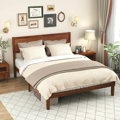 Rustic Walnut Queen Platform Bed Frame with Retro Wood Headboard, Under‑Bed Storage & Solid Wood Slats – No Box Spring Needed for Cozy Modern Bedrooms