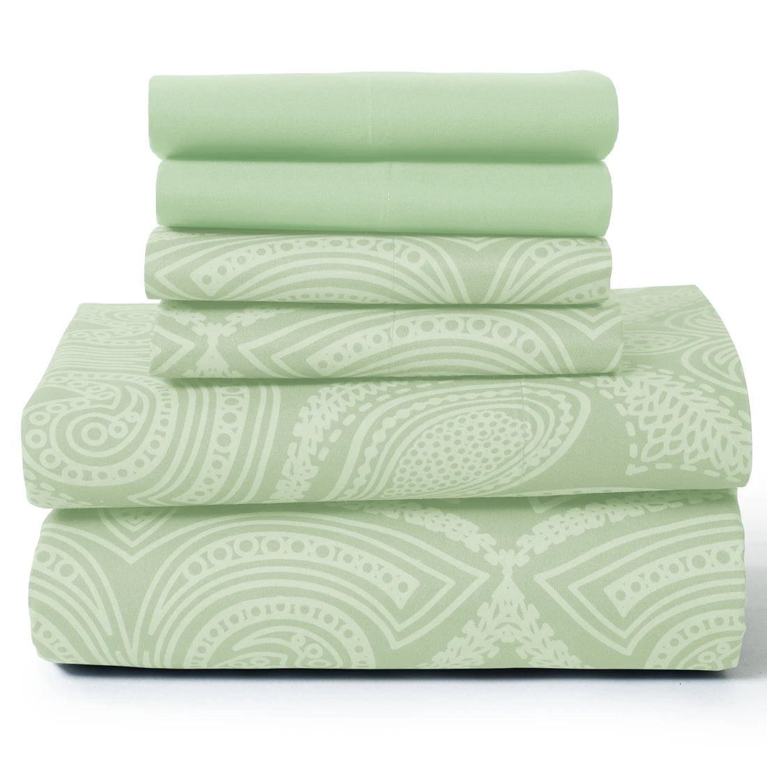 Luxurious 6-Piece Paisley Bed Sheet Set in a folded presentation, highlighting the softness and quality of microfiber.