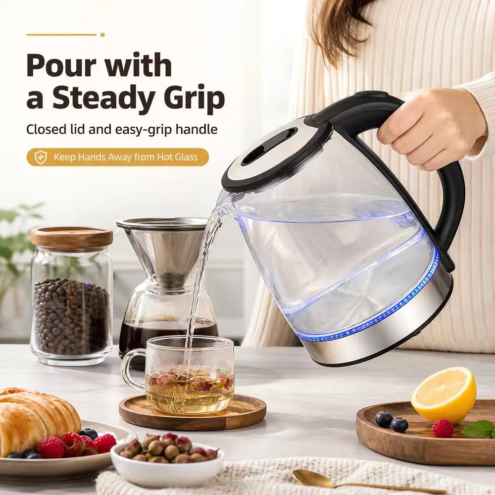 2L Borosilicate Glass Electric Tea Kettle with Infuser, Blue LED & Auto Shutoff — cordless glass electric kettle with swivel base