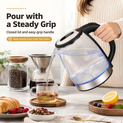 2L Borosilicate Glass Electric Tea Kettle with Infuser, Blue LED & Auto Shutoff — cordless glass electric kettle with swivel base