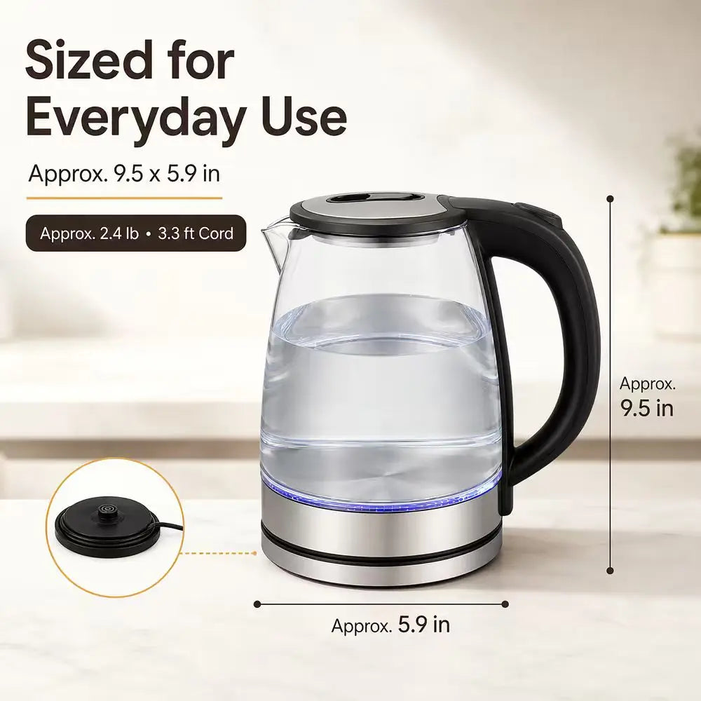 2L Borosilicate Glass Electric Tea Kettle with Infuser, Blue LED & Auto Shutoff — stainless steel filter inside glass electric kettle