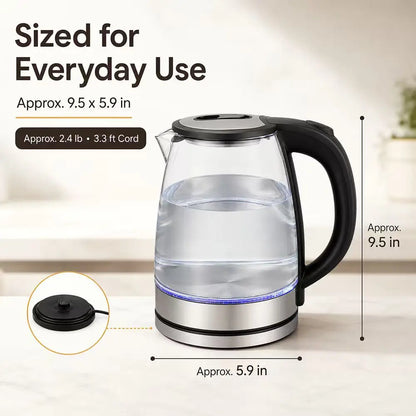 2L Borosilicate Glass Electric Tea Kettle with Infuser, Blue LED & Auto Shutoff — stainless steel filter inside glass electric kettle