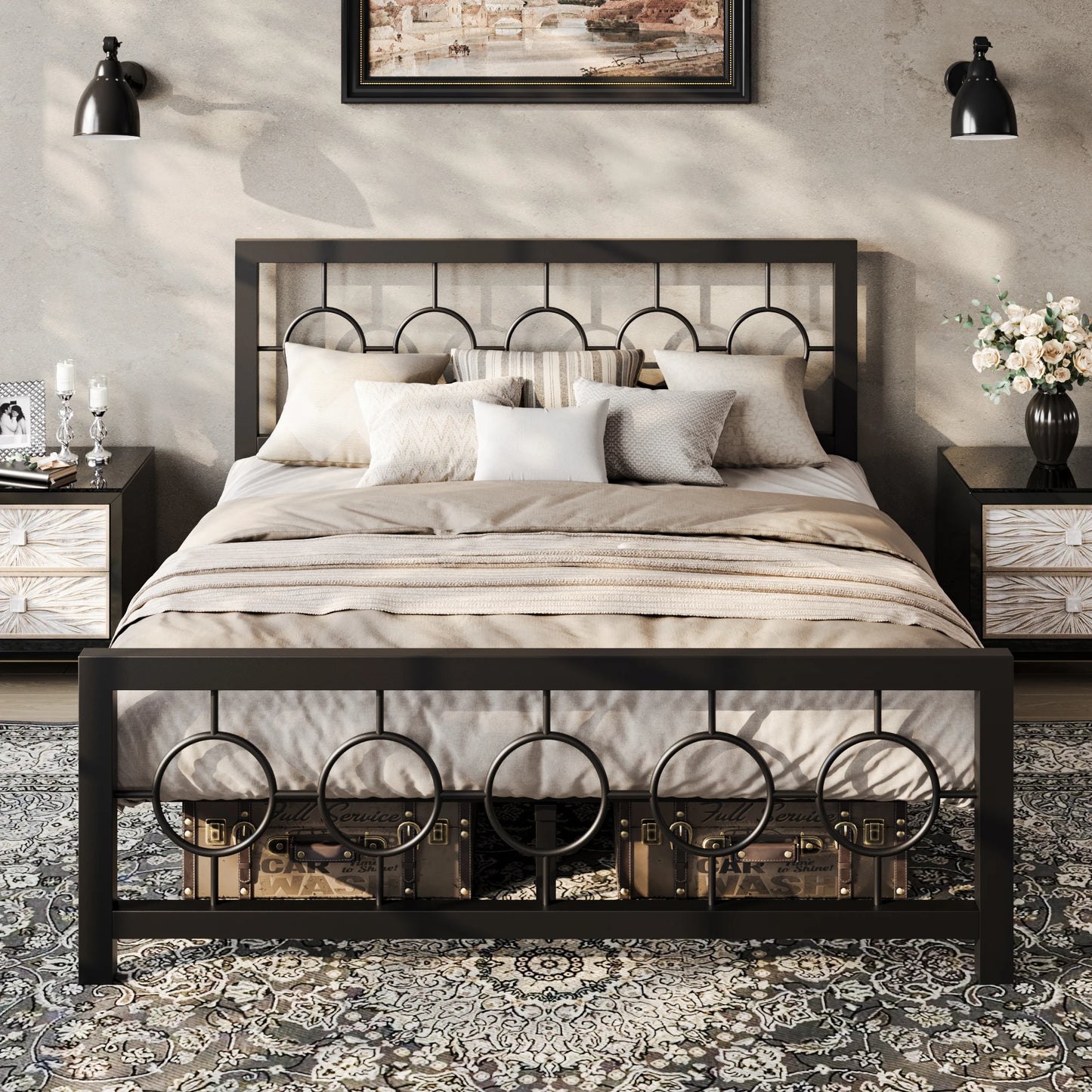 Completed bedroom setup featuring the Vintage Modern Bed Frame, emphasizing a clutter-free and stylish sleep space.
