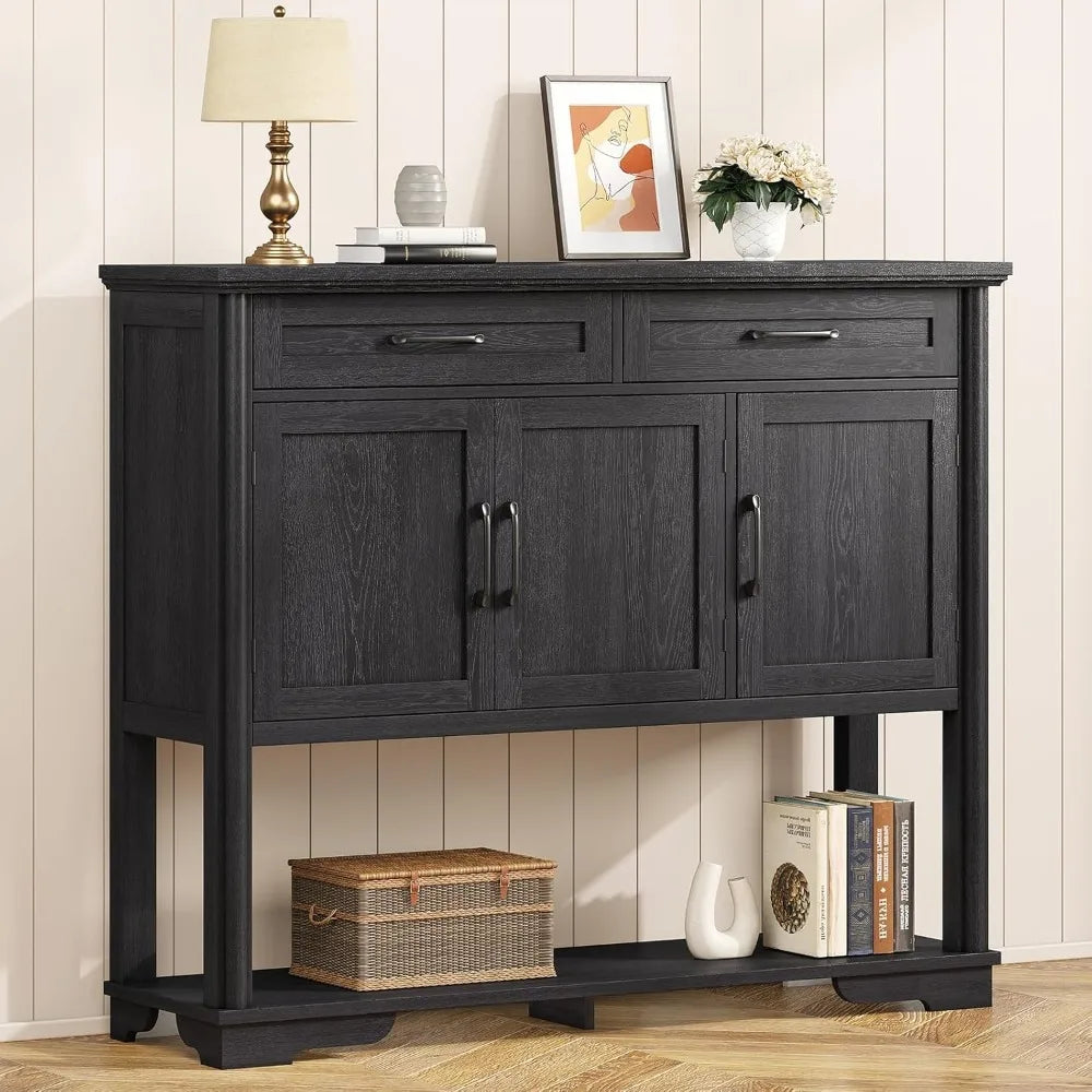 Farmhouse Engineered Wood Entry Table with Storage featuring a sleek black finish, an ideal engineered wood console for any entryway.