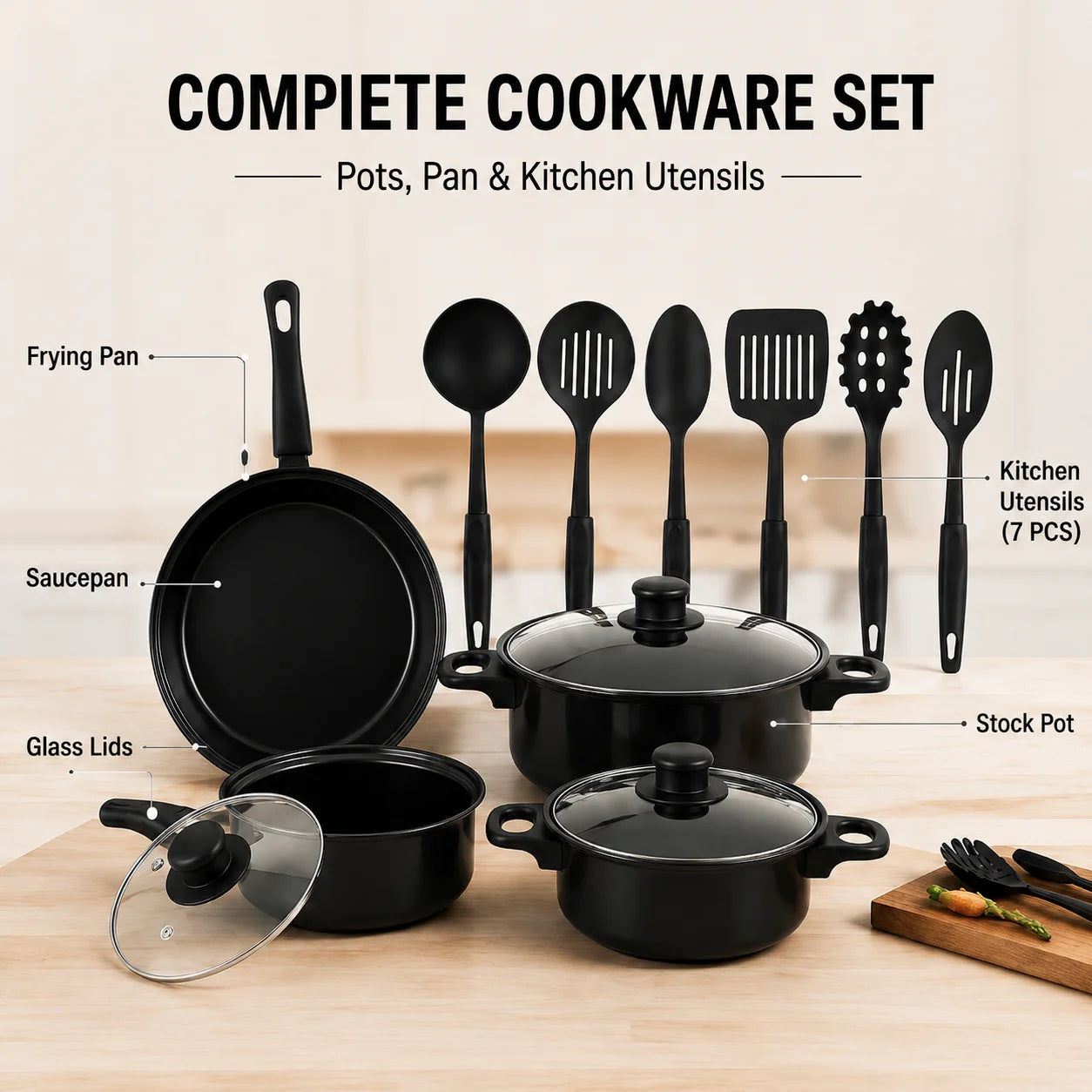 13-Piece Black Non-Stick Cookware Set with Glass Lids & Utensils for Home Kitchen, non-stick black cookware set frying pan