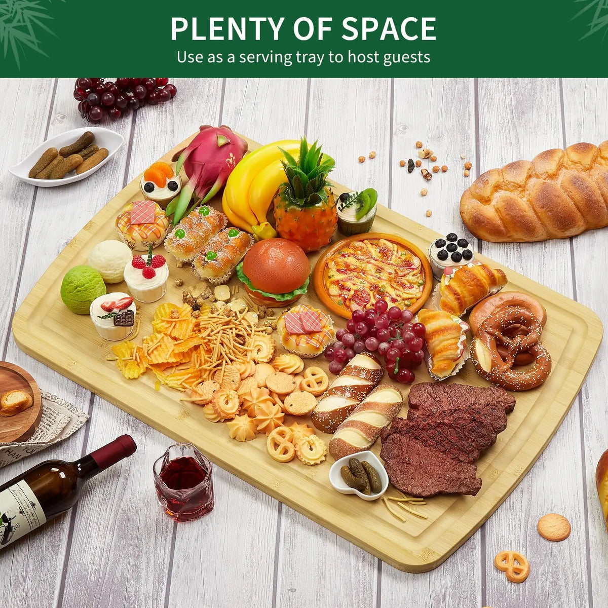 Extra-Large 30 x 20 Inch Bamboo Cutting Board with Juice Groove, Handles & Reversible Butcher Block Design, bamboo cutting board used as a serving and charcuterie board