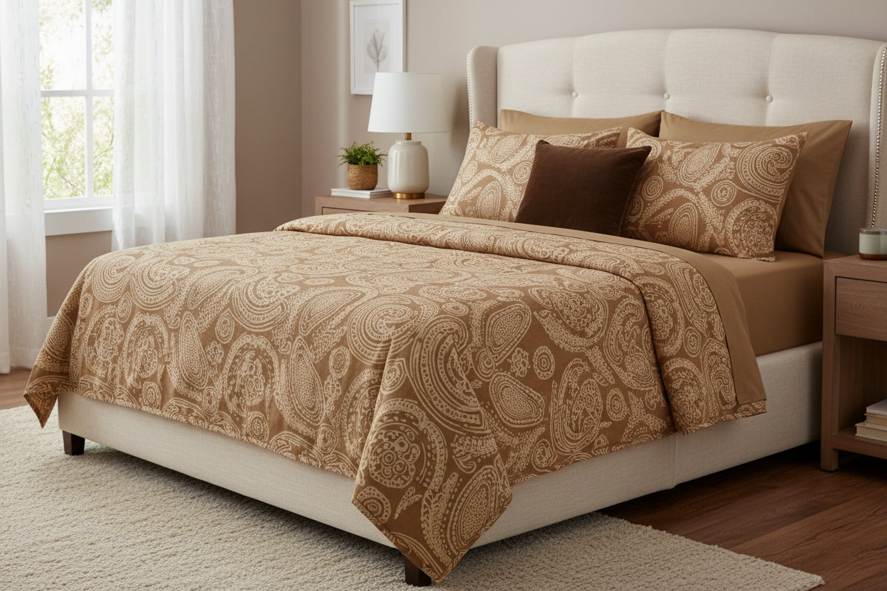 Luxurious 6-Piece Paisley Bed Sheet Set displayed in Brown color, showcasing the elegant paisley pattern.