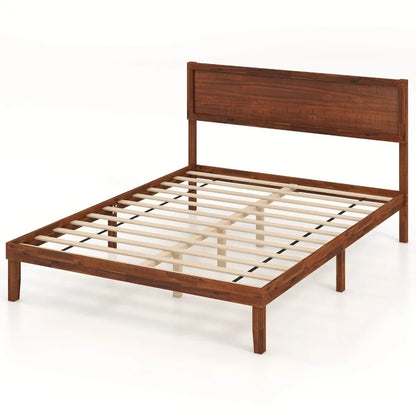 Rustic Walnut Queen Platform Bed Frame with Retro Wood Headboard, Under‑Bed Storage & Solid Wood Slats – No Box Spring Needed for Cozy Modern Bedrooms