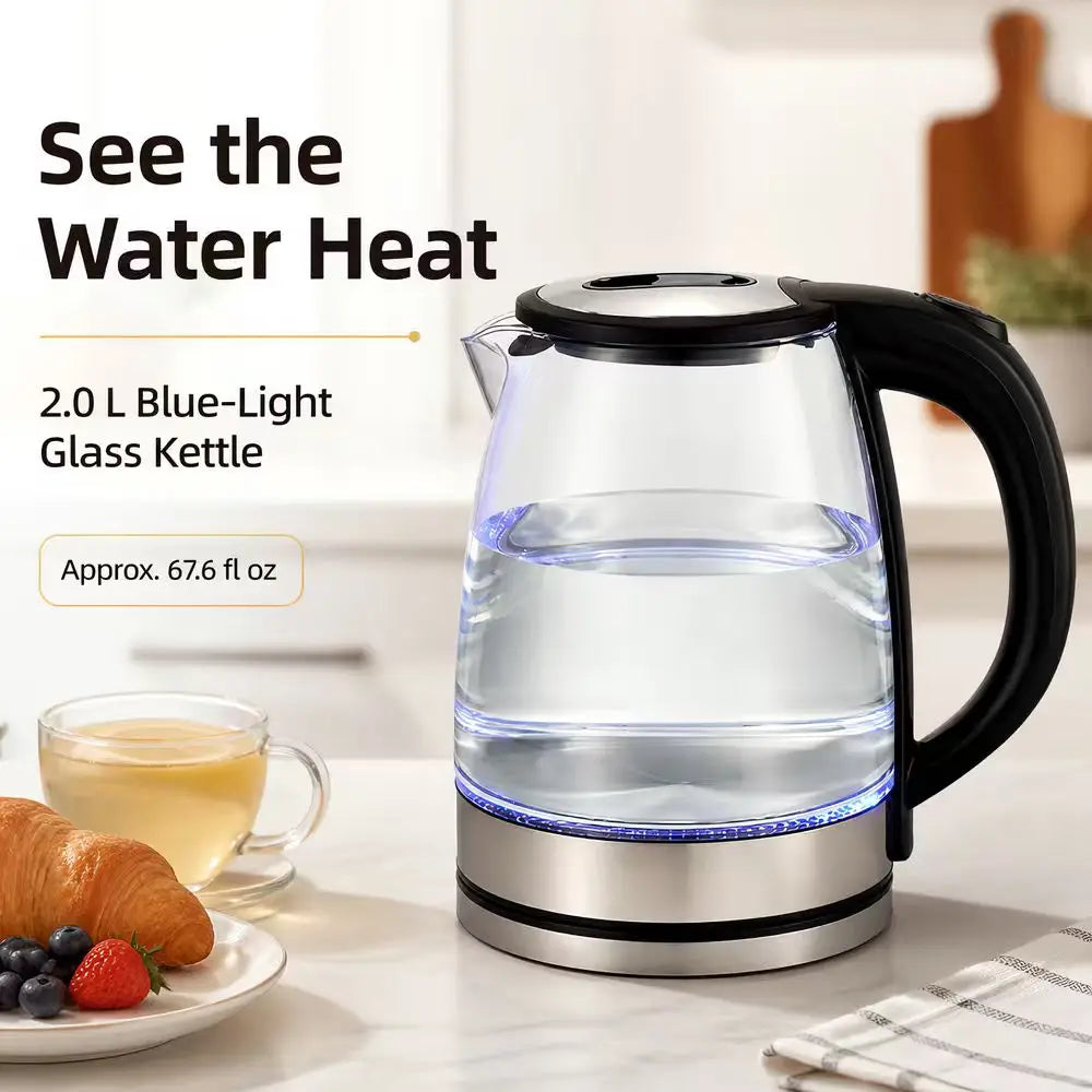 2L Borosilicate Glass Electric Tea Kettle with Infuser, Blue LED & Auto Shutoff — borosilicate glass electric kettle with stainless steel accents