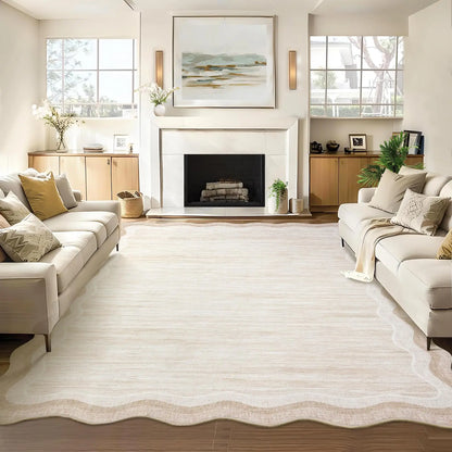 8 x 10 Beige Scalloped Area Rug, Washable Non-Slip Polyester with a Faux Wool Feel, faux wool feel beige area rug close-up