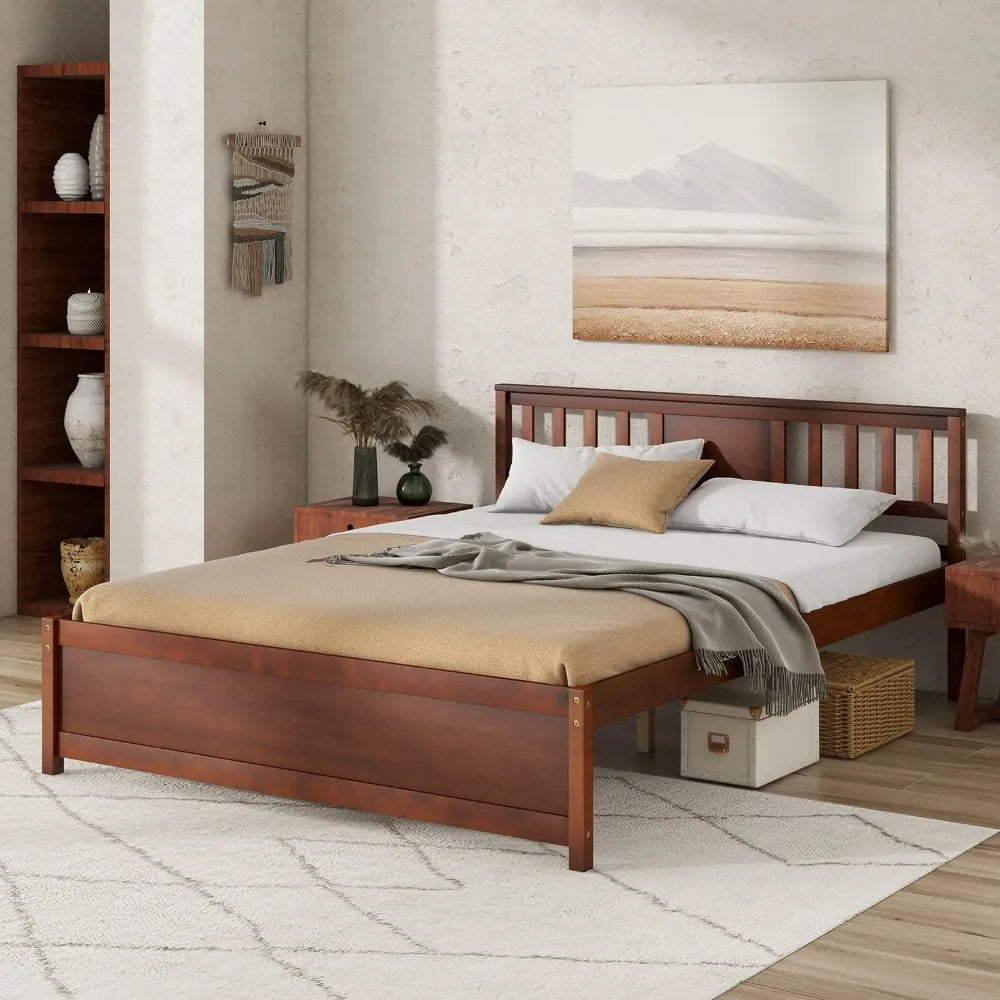 Farmhouse Walnut Wooden Platform Bed Frame with Headboard - a solid wood design that enhances your bedroom, featuring a walnut bed frame that's stylish and functional.