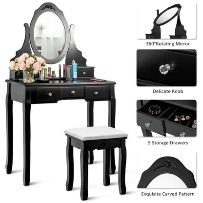 Elegant design of a modern makeup vanity set in black, ideal for contemporary bedroom aesthetics.